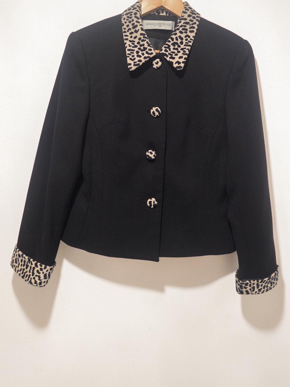 Vintage 90s Black Cropped Blazer Size 8 - Leopard Collar & Cuffs - Amanda Smith